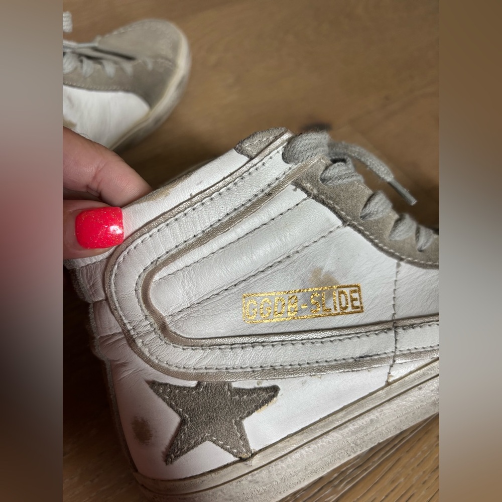 Golden Goose Slide High-Top Sneakers in White and Gray with Gold Logo - Picture 8 of 12